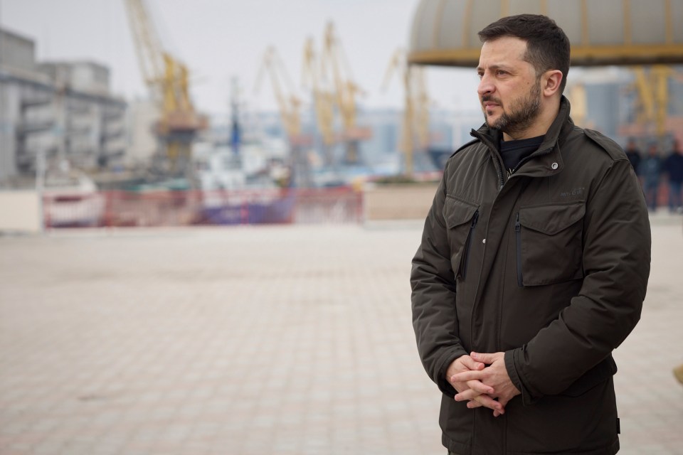 Ukrainian President Volodymyr Zelensky waits for the arrival of Greek PM Kyriakos Mitsotakis at the OdesSa Commercial Sea Port on Wednesday