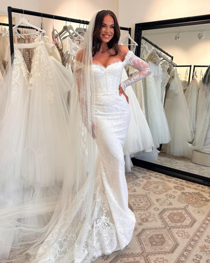 She previously showed off some of the wedding dresses she is considering