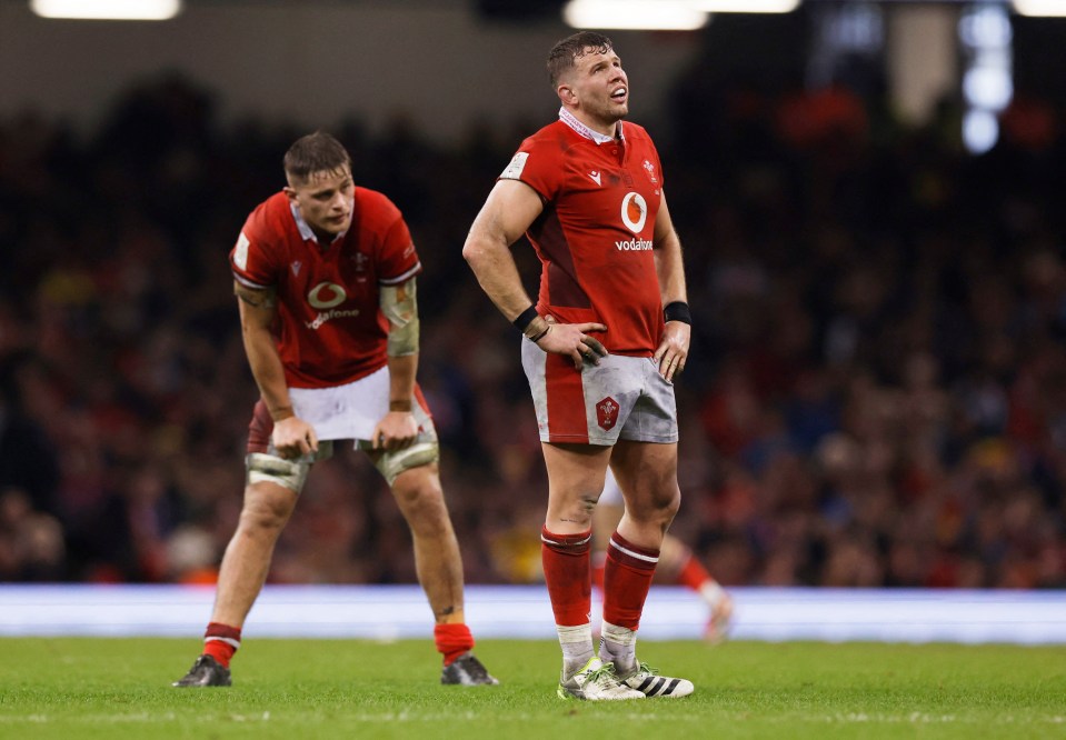 Two rugby players in Wales jerseys stand on the field, looking dejected.