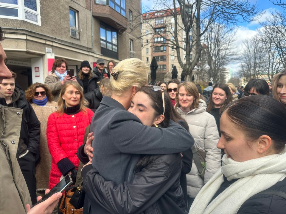 Yulia hugs a supporter in the Berlin crowds