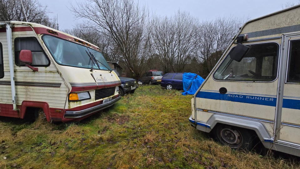 Pictures show the two motor homes that both look lived in, left in a tragic state amongst a car collection