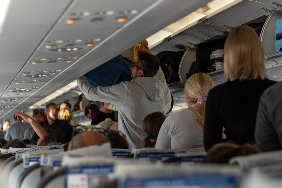 Passengers seen fighting for space in the overhead lockers