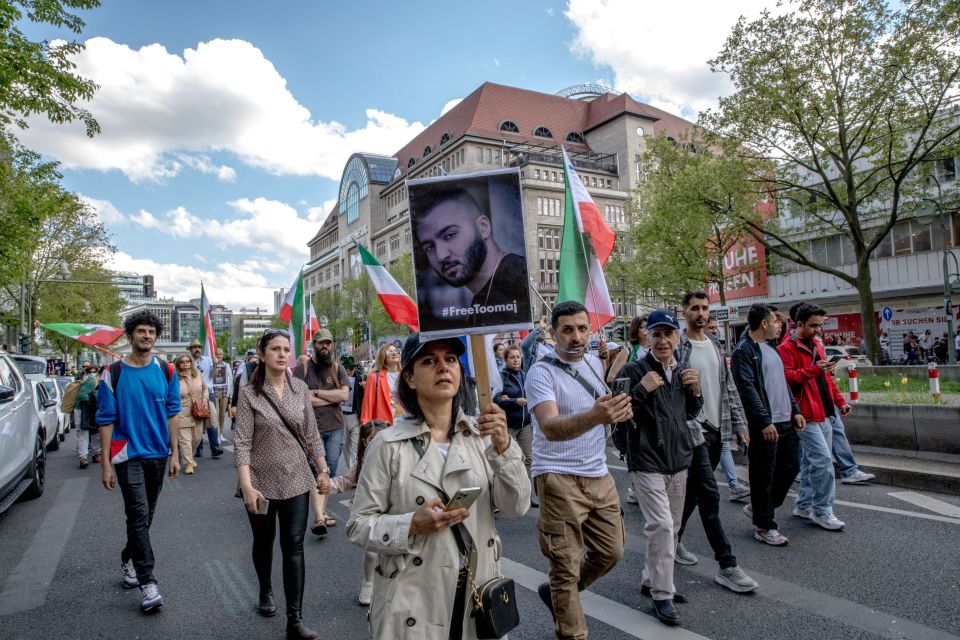 Demonstrators gathered in Berlin today to protest against Salehi's death sentence