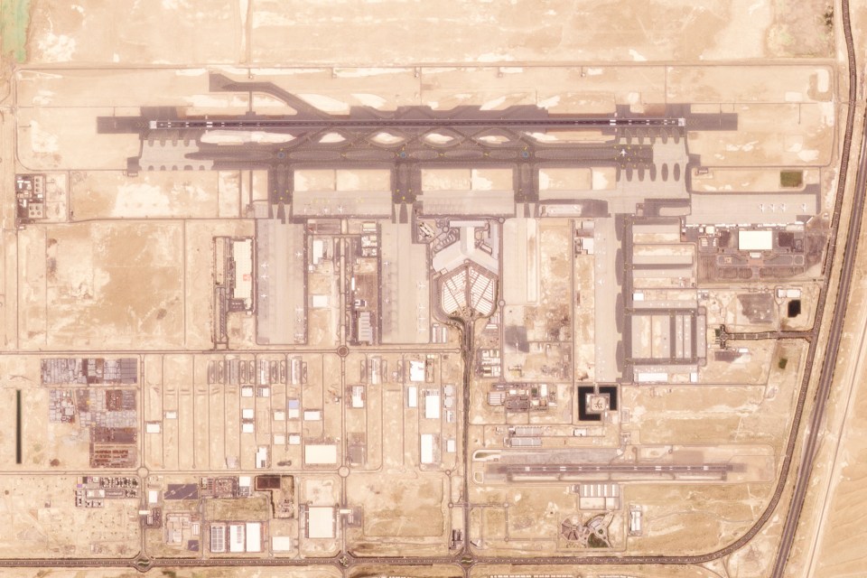 A satellite image from Planet Labs PBC depicts Al Maktoum on Friday, April 26