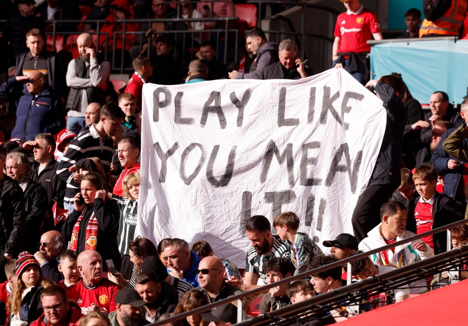 Man Utd's increasingly impatient fans held up a banner demanding Ten Hag's flops 'play like you mean it'