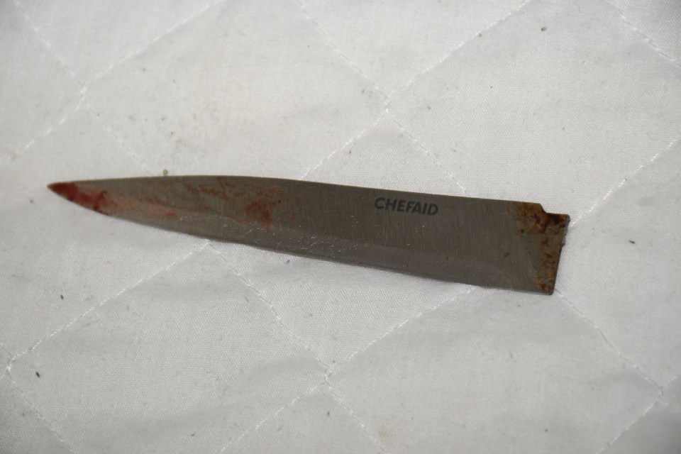 The handleless and bloodied blade of a knife found after the attack