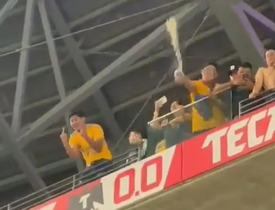 A vile fan appeared to urinate in a cup before splashing it at a crowd underneath