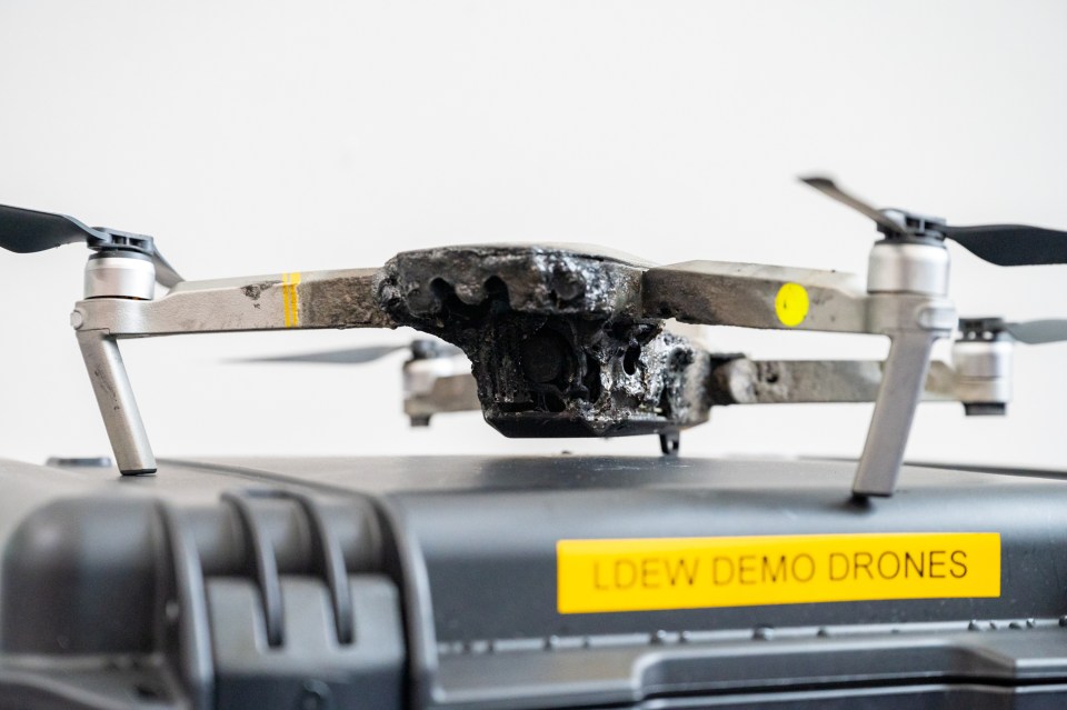 The damage the 50kW light beam did to an attack drone