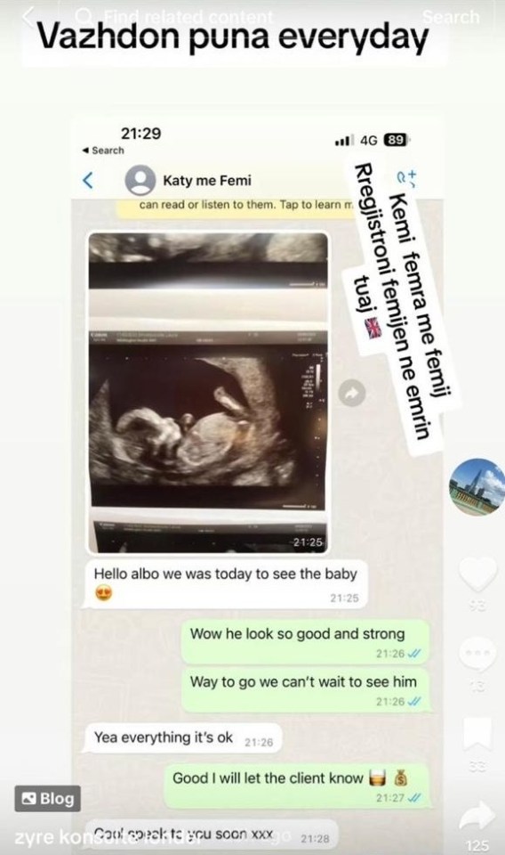 A TikTok account shared an image of a WhatsApp conversation with 'Katy with child', as crooks plan to get illegal migrants to pose as the dads of unborn children in the UK