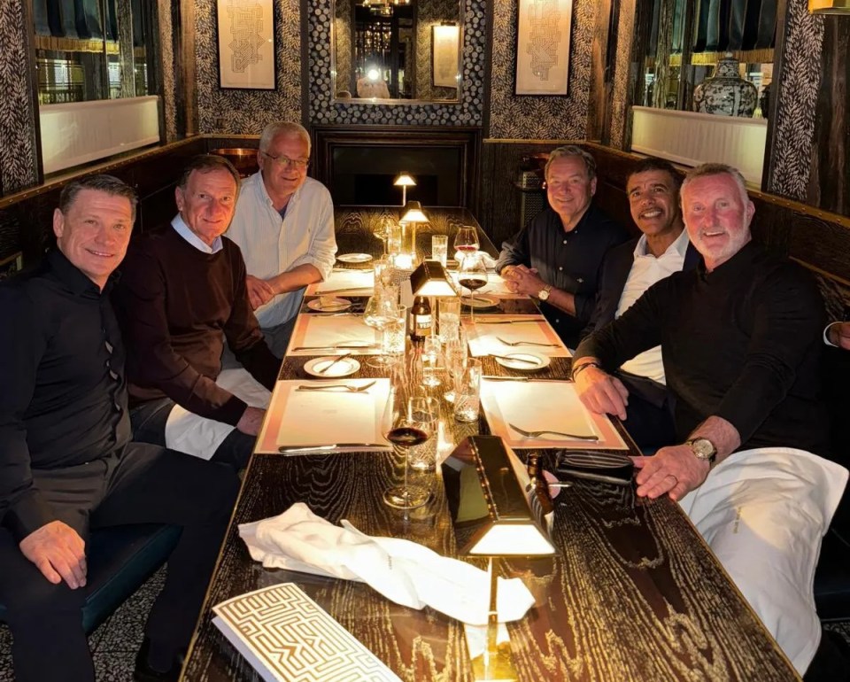 (L-R) Tony Cottee, Phil Thompson, Sky Sports producer, Jeff Stelling, Chris Kamara and Alan McInally at a Soccer Saturday reunion dinner