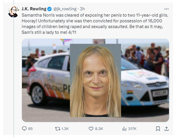 JK also mentioned Samantha Norris, who was jailed after exposing her penis to two 11-year-old girls