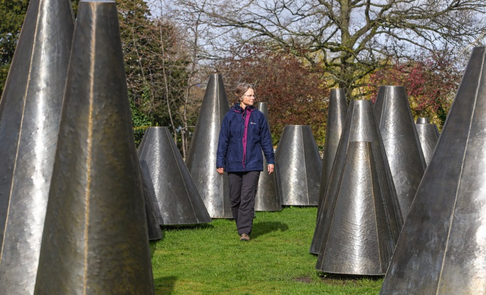 A walker looks back at the now-black cones