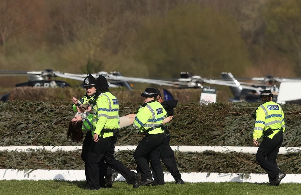 Cops carry away a protestor after activists attempted to halt the 2023 Grand National