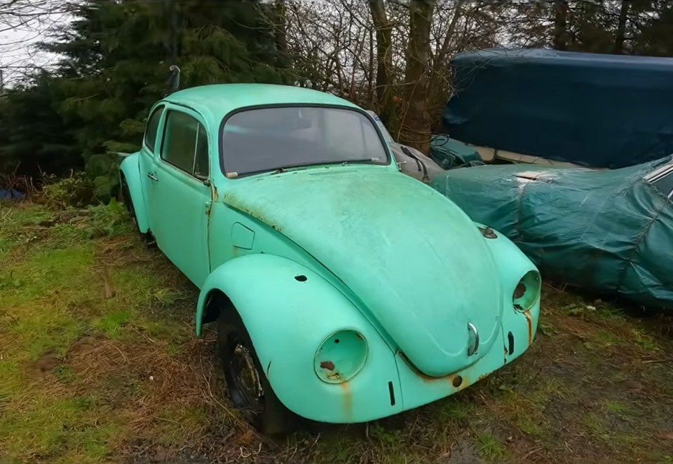 An iconic Volkswagen Beetle is left with only carcass