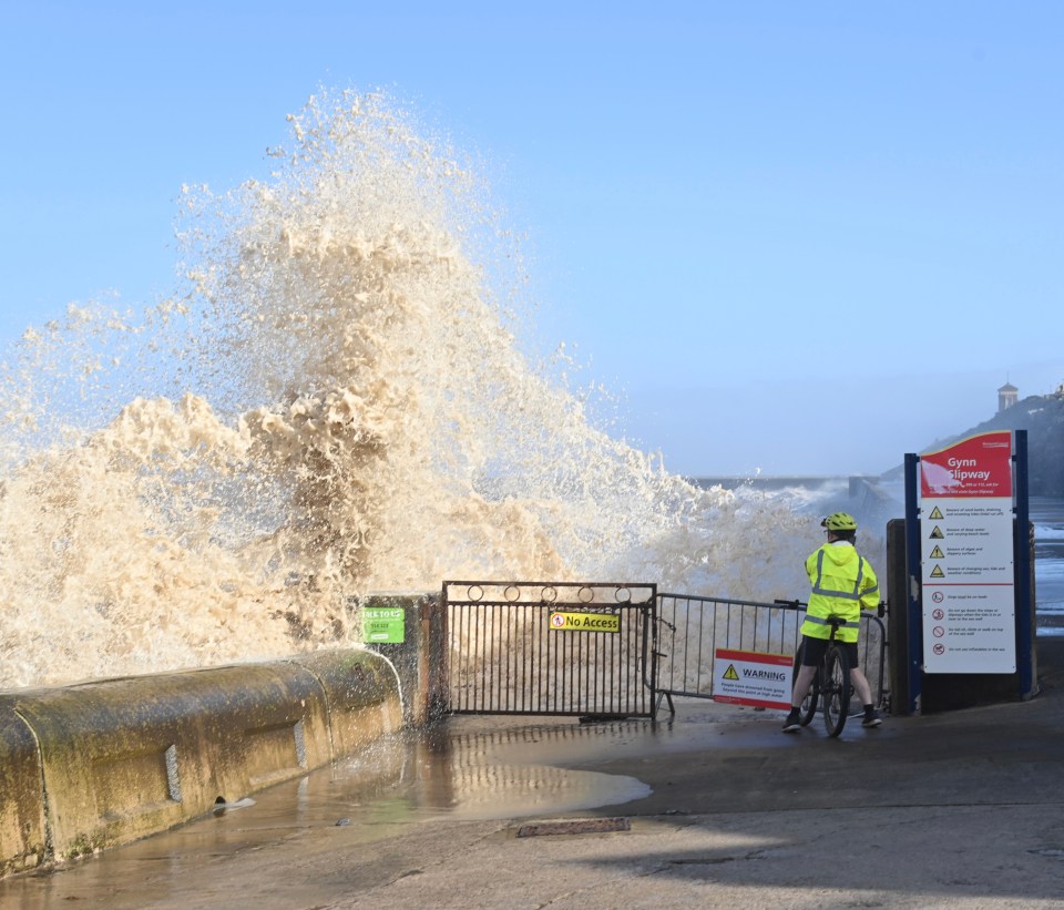 Strong waves are battering the Blackpool North Shore today