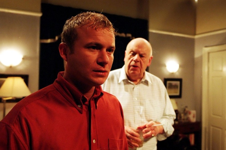 Editorial use only. Exclusive - Premium Rates Apply. Call your Account Manager for pricing...Mandatory Credit: Photo by ITV/Shutterstock (697529jz)..'Coronation Street' TV - 2003 -.Fred Elliott (John Savident) is stunned when Ashley Peacock (Steven Arnold) tells him that Matt Ramsden might be Joshua's father...ITV ARCHIVE