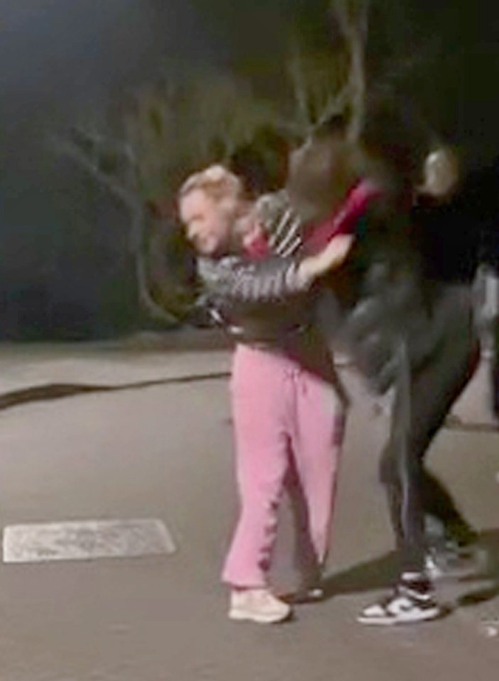 We revealed how the actress rushed out of her £1million home in pink jogging bottoms as violence flared outside on a Friday night