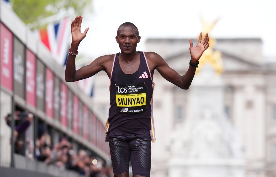 Alexander Mutiso Munyao reacts after winning the men's elite race and breaking the women's record during the TCS London Marathon. Picture date: Sunday April 21, 2024. PA Photo. See PA story ATHLETICS London. Photo credit should read: John Walton/PA Wire. RESTRICTIONS: Use subject to restrictions. Editorial use only, no commercial use without prior consent from rights holder.