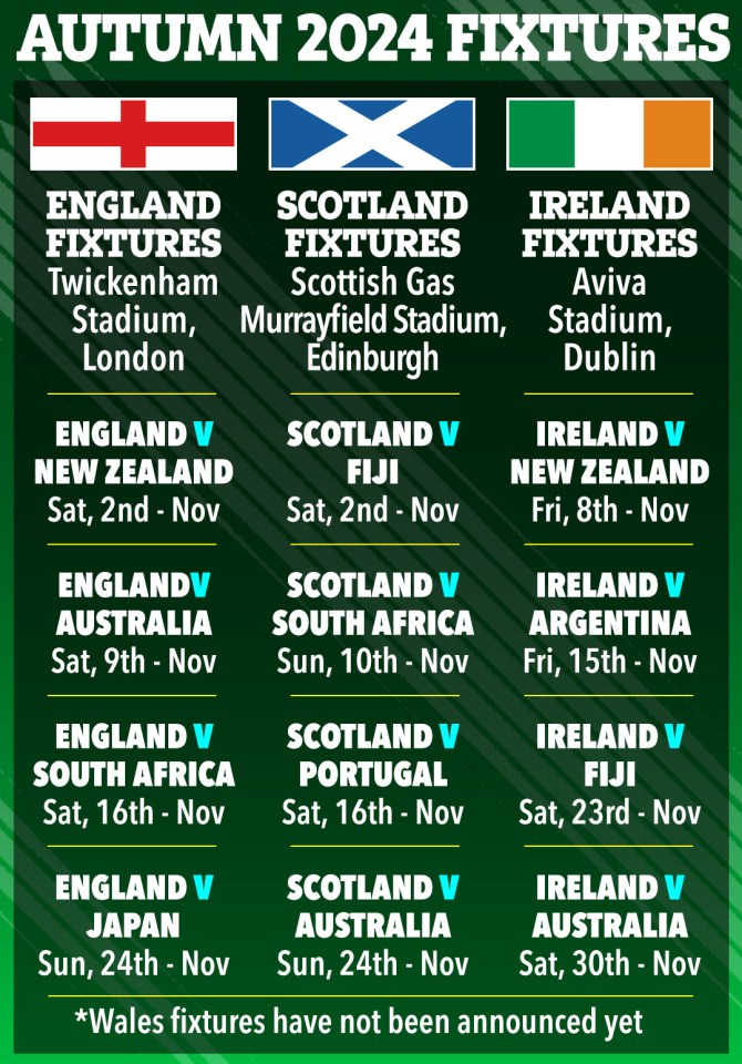 Here's how the Autumn Series fixtures look for the home nations