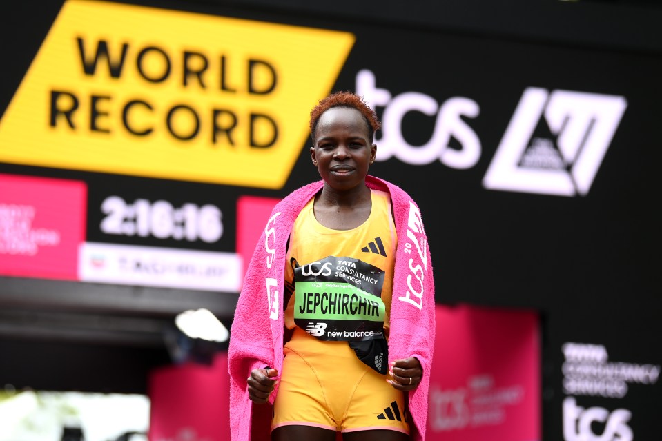 LONDON, ENGLAND - APRIL 21: Peres Jepchirchir of Kenya celebrates after winning the Women's elite race and setting a new world record during the 2024 TCS London Marathon on April 21, 2024 in London, England. (Photo by Alex Davidson/Getty Images)