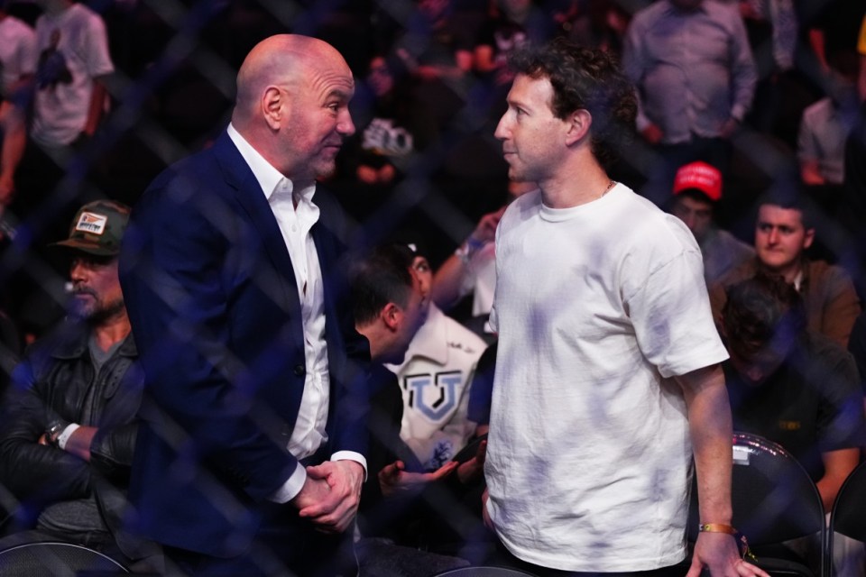 LAS VEGAS, NEVADA - APRIL 13: (L-R) UFC CEO Dana White and Mark Zuckerberg attend the UFC 300 event at T-Mobile Arena on April 13, 2024 in Las Vegas, Nevada. (Photo by Jeff Bottari/Zuffa LLC via Getty Images)