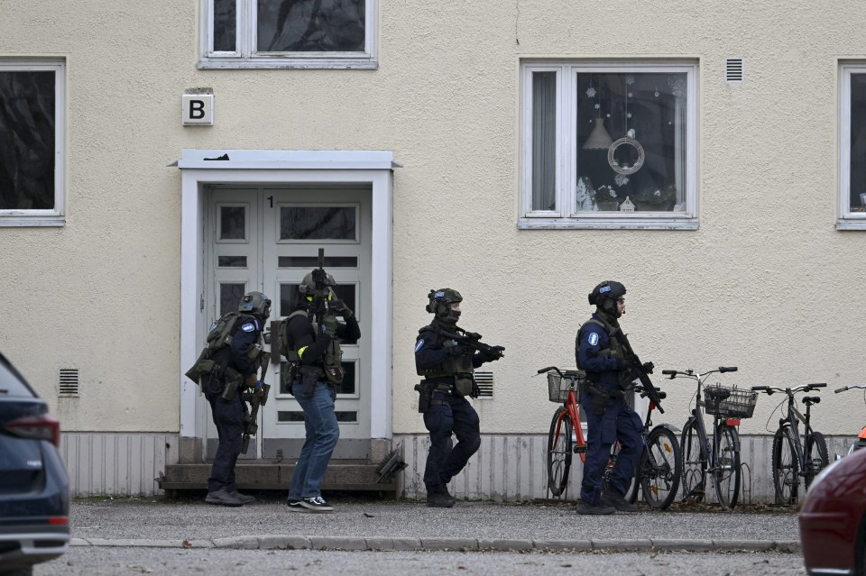 Finnish police investigate the scene at the primary school Viertola comprehensive school where a child opened fire and injured three other children, on April 2, 2024 in Vantaa, outside the Finnish capital Helsinki. Police said, that the attacker was in custody, and "All those involved in the shooting incident are minors". (Photo by Markku Ulander / Lehtikuva / AFP) / Finland OUT (Photo by MARKKU ULANDER/Lehtikuva/AFP via Getty Images)