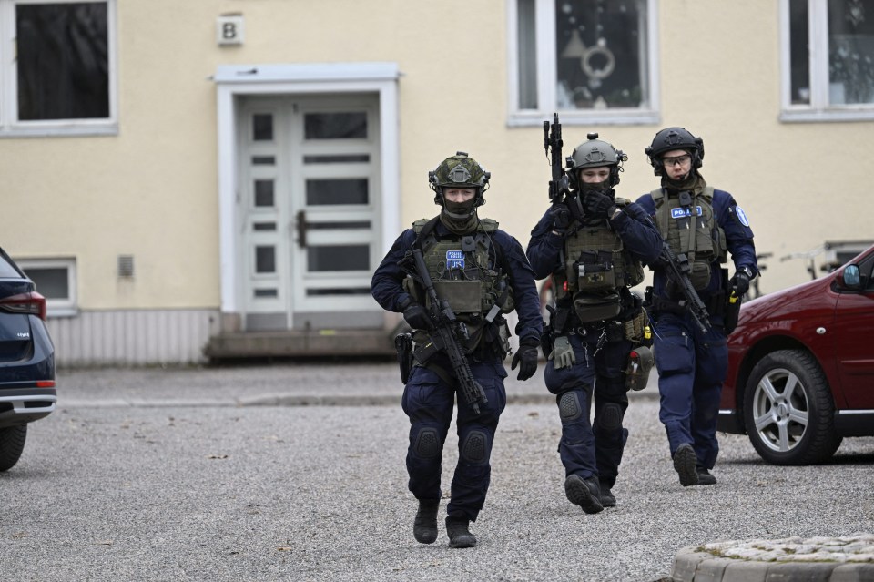 Finnish police investigate the scene at the primary school Viertola comprehensive school where a child opened fire and injured three other children, on April 2, 2024 in Vantaa, outside the Finnish capital Helsinki. Police said, that the attacker was in custody, and "All those involved in the shooting incident are minors". (Photo by Markku Ulander / Lehtikuva / AFP) / Finland OUT (Photo by MARKKU ULANDER/Lehtikuva/AFP via Getty Images)