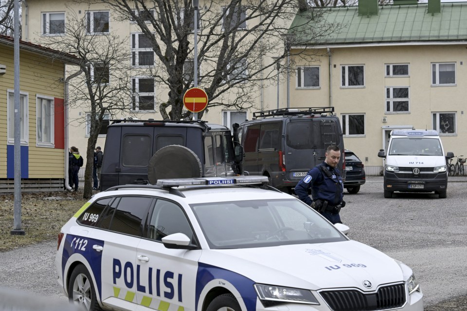 Finnish police officers and police vehicles are seen at the primary Viertola comprehensive school where a child opened fire and injured three other children, on April 2, 2024 in Vantaa, outside the Finnish capital Helsinki. Police said, that the attacker was in custody, and "All those involved in the shooting incident are minors". (Photo by Markku Ulander / Lehtikuva / AFP) / Finland OUT (Photo by MARKKU ULANDER/Lehtikuva/AFP via Getty Images)