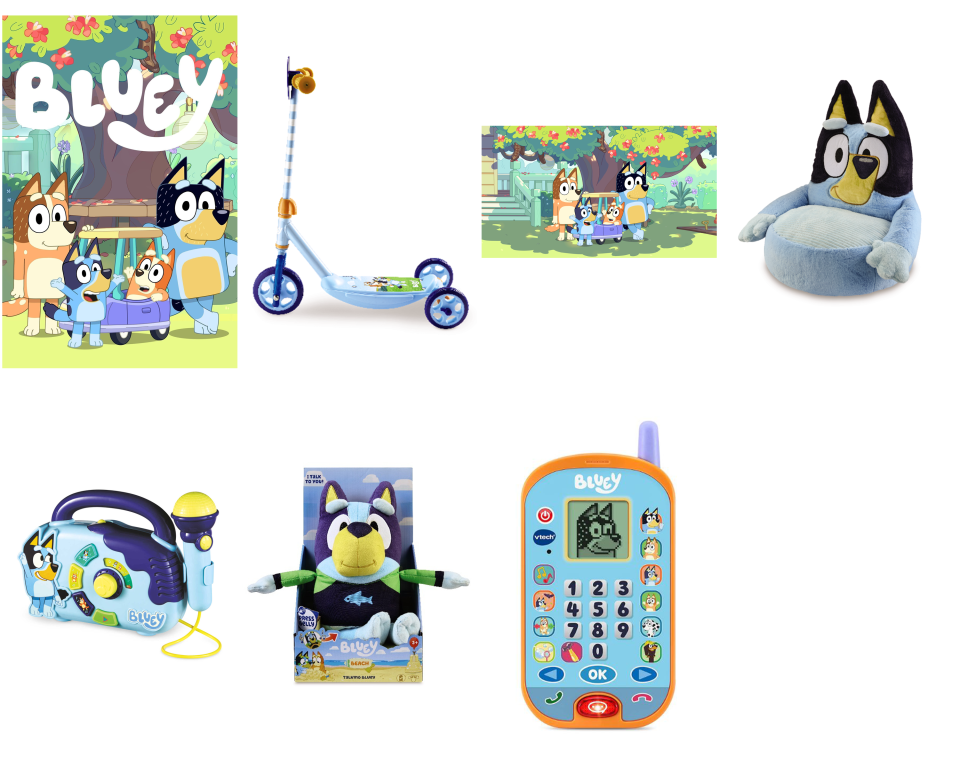 Bluey merchandise, including books, chair and play phone for children