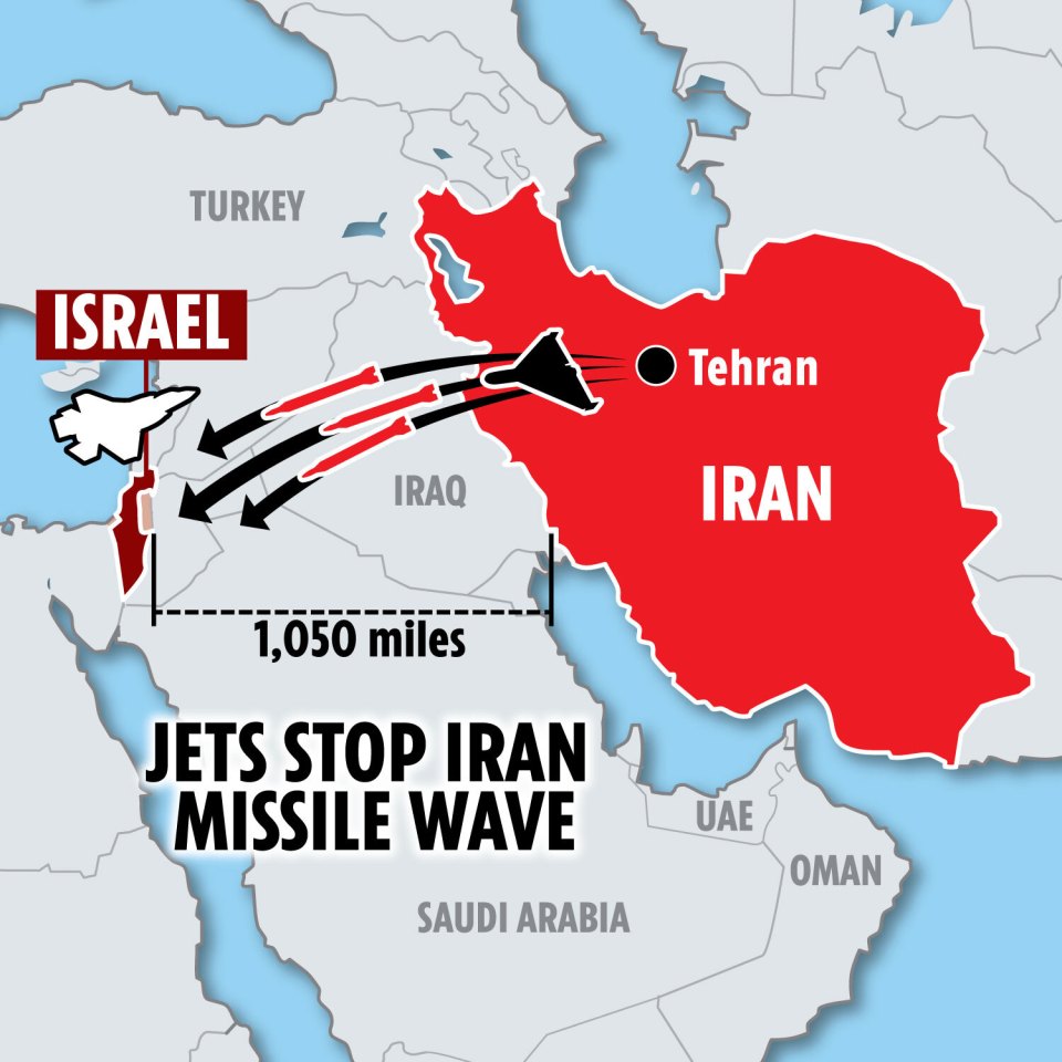 A map showing how the RAF helped intercept the missiles Iran sent to Israel