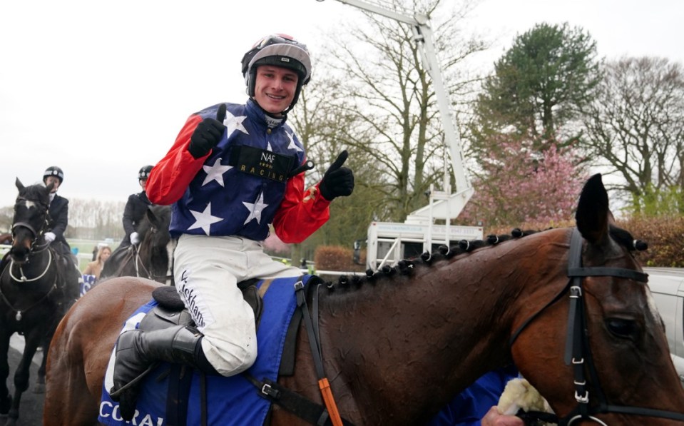 Jockey Jack Tudor celebrates after riding Kitty's Light to victory in the Coral Scottish Grand National Handicap Chase during the Coral Scottish Grand National festival at Ayr Racecourse. Picture date: Saturday April 22, 2023. PA Photo. See PA story RACING Ayr. Photo credit should read: Jane Barlow/PA Wire. RESTRICTIONS: Use subject to restrictions. Editorial use only, no commercial use without prior consent from rights holder.