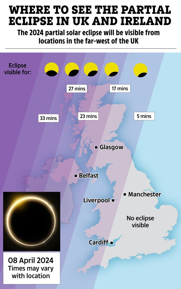 As the sun sets, the partial eclipse will appear in these regions at approximately 7:55pm GMT