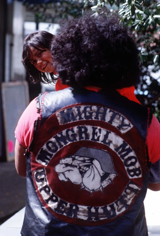 The Mongrel Mob patch shows a bulldog wearing a Nazi helmet in NZ