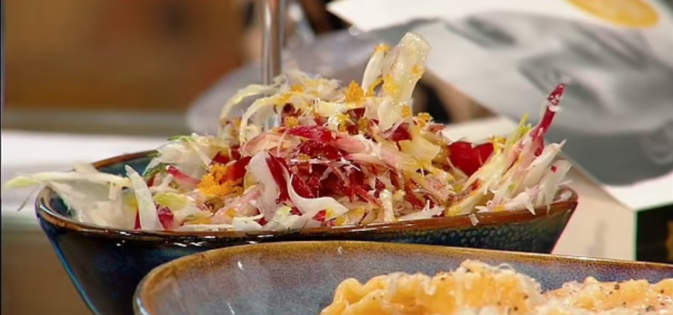 Mel was served a carbonara with a salad