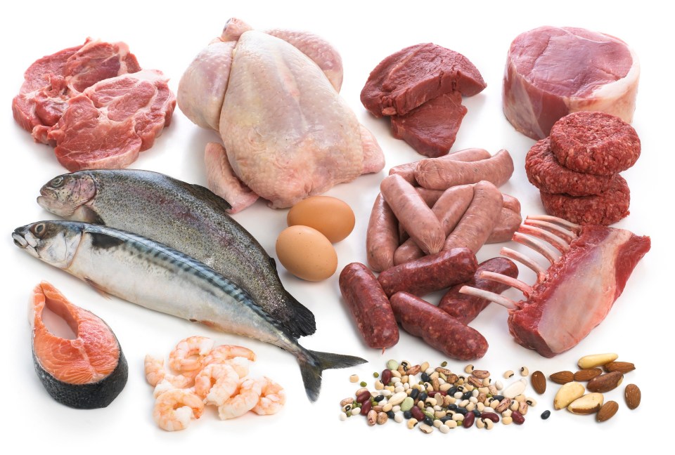 Selection of fish and meats against a white background.