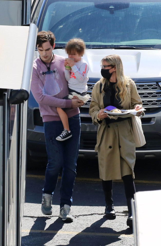 American model Bryana Holly was spotted visiting longtime boyfriend Nicholas Hoult on the set of his new movie Renfield with son Joaquin