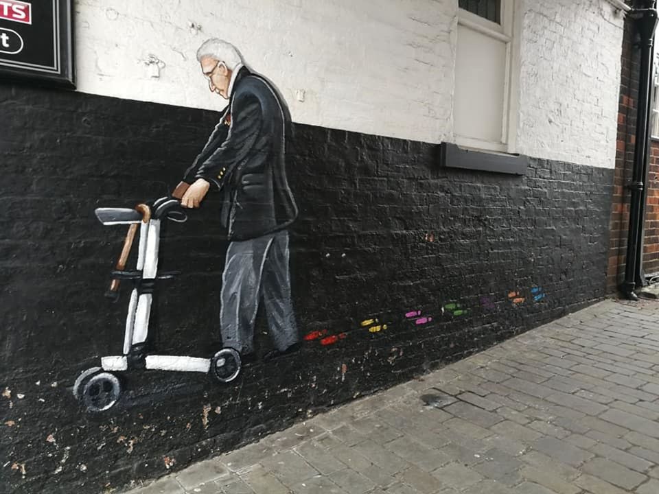 The mural of Captain Sir Tom Moore before it was removed from The Malt Shovel