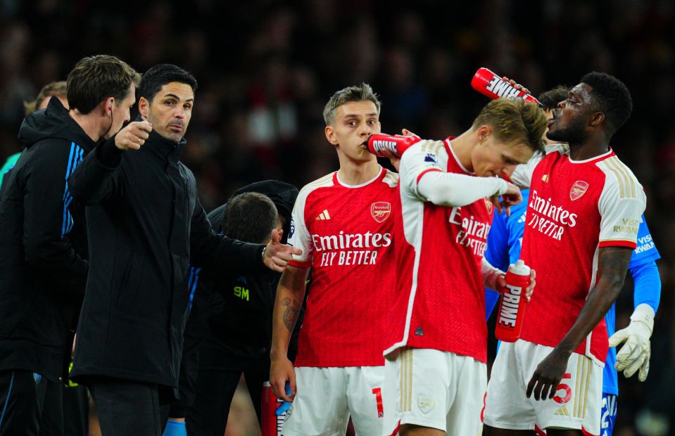 Arsenal players drinking Prime during a Premier League match