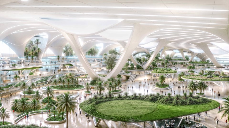 Plans for Al Maktoum International Airport at Dubai World Central show an expansive curving, white terminal