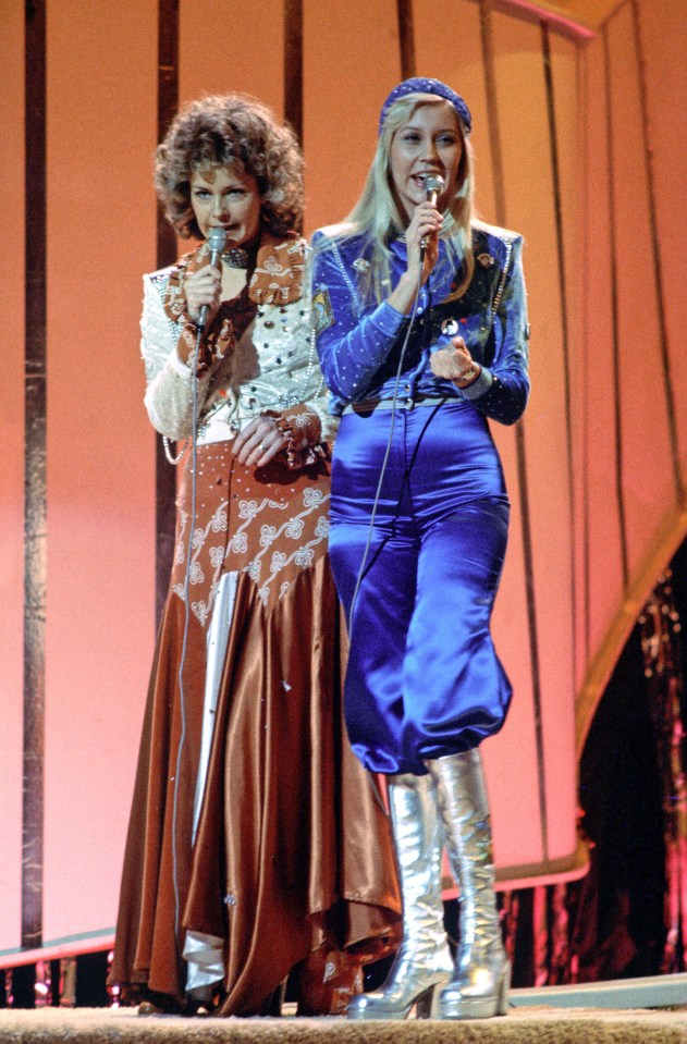 Frida and Agnetha singing Waterloo on stage in Brighton in 1974 - where it all started at the Eurovision Song Contest