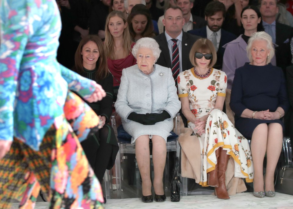 Angela pictured at London's Fashion Week with the Queen and Vogue Editor in Chief Anna Wintour