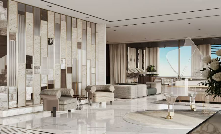 The tower will feature gorgeous all-marble interiors, such as this living room