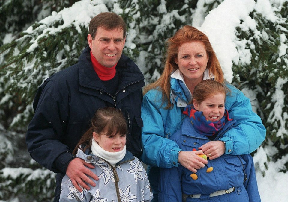 Prince Andrew and Sarah with their daughters, Princesses Beatrice, right, and Eugenie, in the Swiss ski resort of Verbier, Friday Feb. 19, 1999