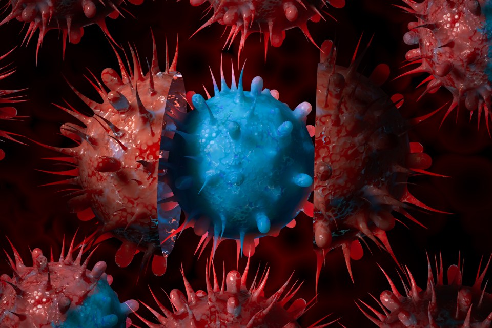 a computer generated image of a virus with red and blue spikes