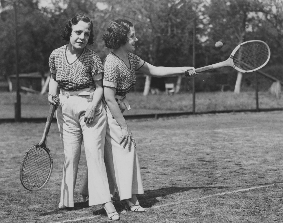 The English Hilton sisters play tennis on courts in Taplow, England