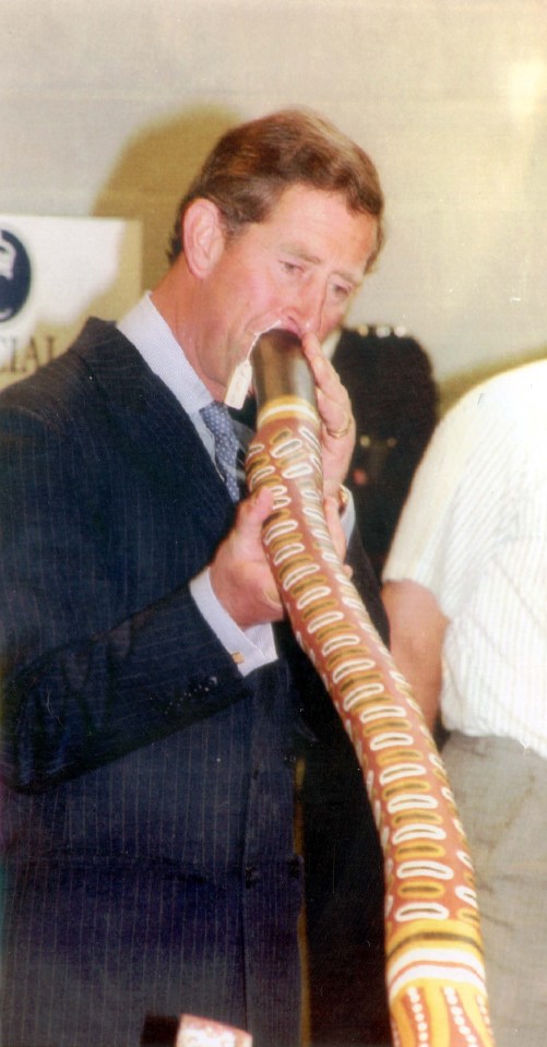 Charles tried to play the didgeridoo at an aboriginal art exhibition in Birmingham in 1992