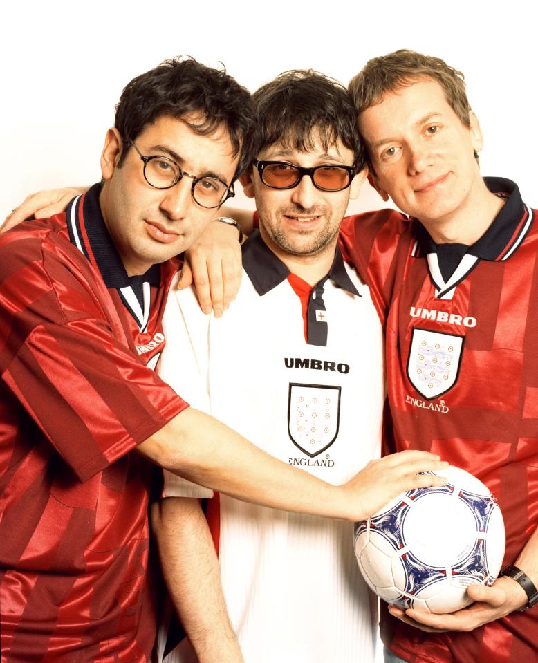 The Lightning Seeds songwriter Ian Broudie, centre, composed the tune for the 1996 UEFA European Championship, which England was hosting