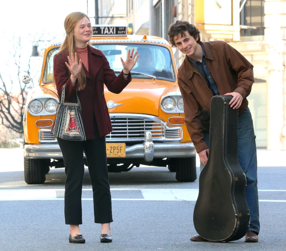 Elle Fanning and Timothee Chalamet are seen on the set of A Complete Unknown