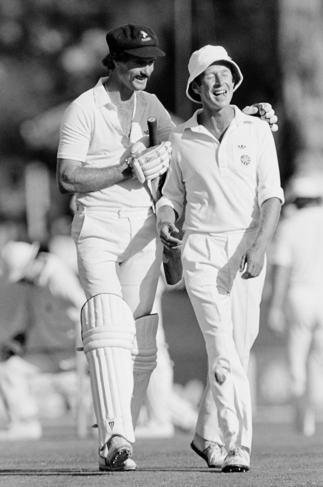 South Africa batsman Jimmy Cook (left) with England bowler Derek Underwood during the 3rd test match of the Rebel Tour in Durban,March 1982