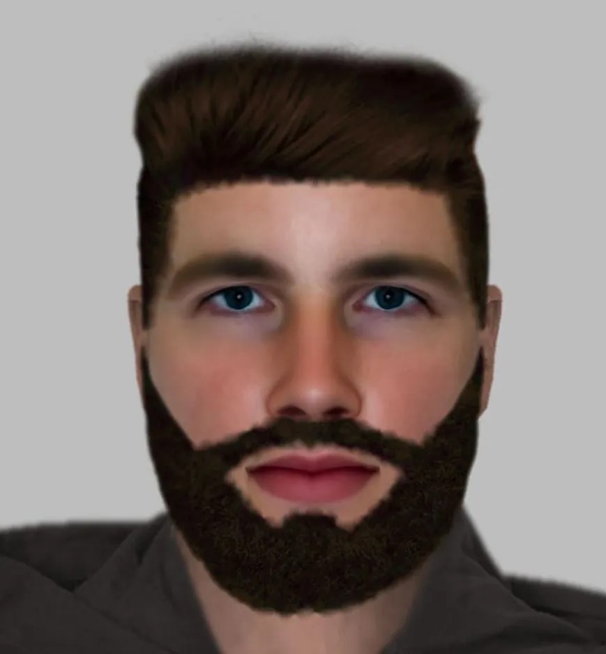 A dark-haired, bearded suspect in a police e-fit bears a striking resemblance to a TV and radio host